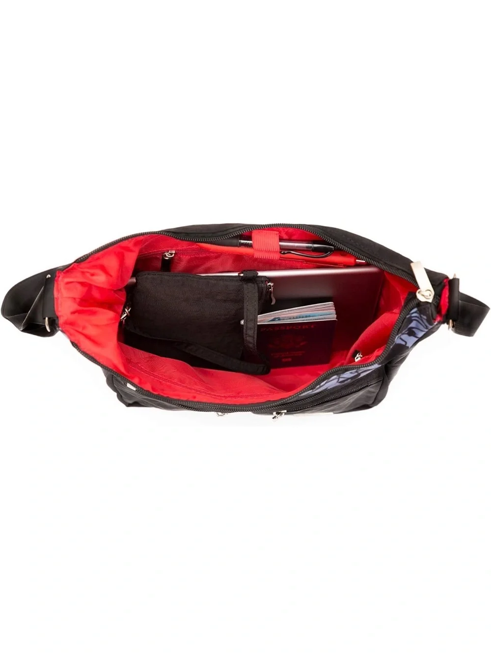 Satchelli Black Crossbody Bag with Floral Accent and Red Lining